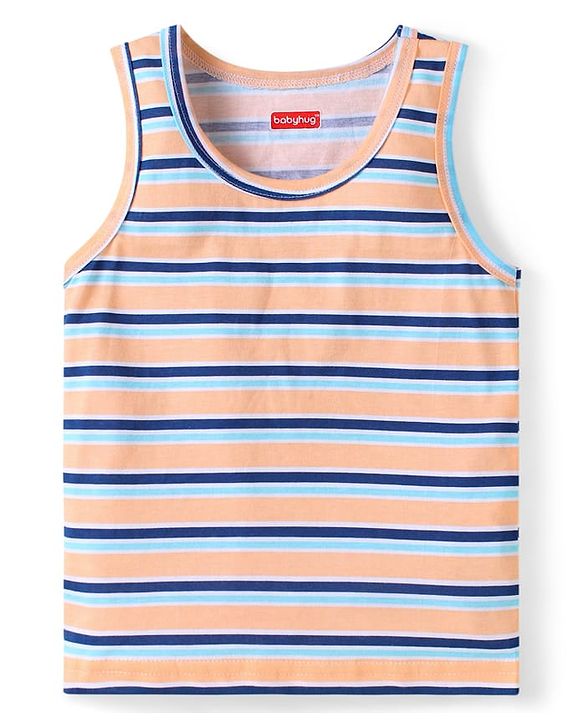 Babyhug 100 % Cotton Knit Sleeveless Sando with Stripes - Blue & Peach