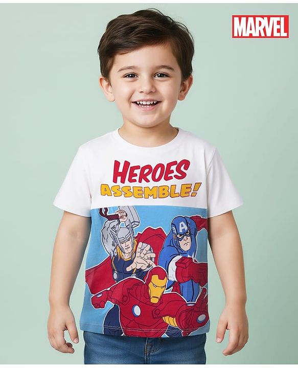 Babyhug Marvel Single Jersey Knit Half Sleeves Cut & Sew T-Shirt with Avengers Graphics - White & Light Blue