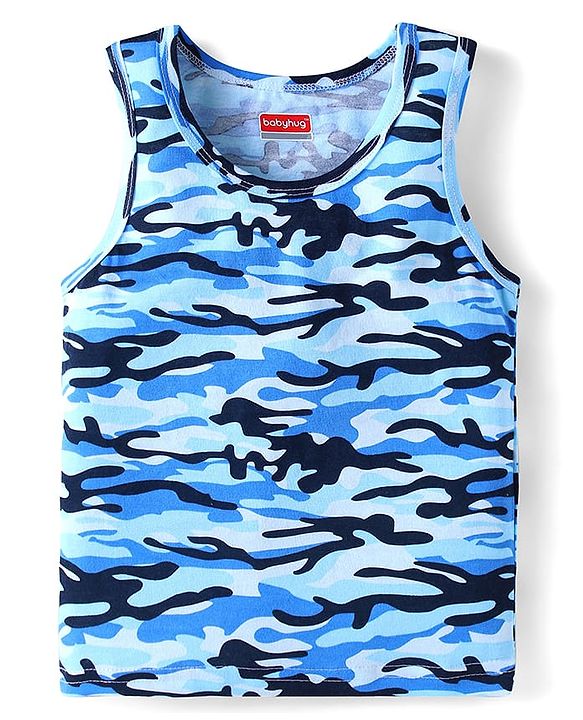 Babyhug 100% Cotton Knit Sleeveless Sando with Camouflage  Print - Blue