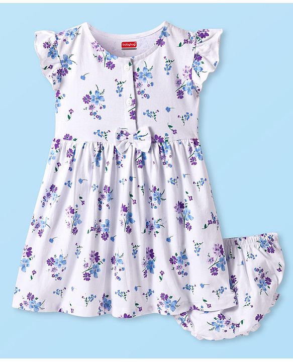 Babyhug Cotton Woven Frill Sleeves Frock With Floral Print & Bloomer - White