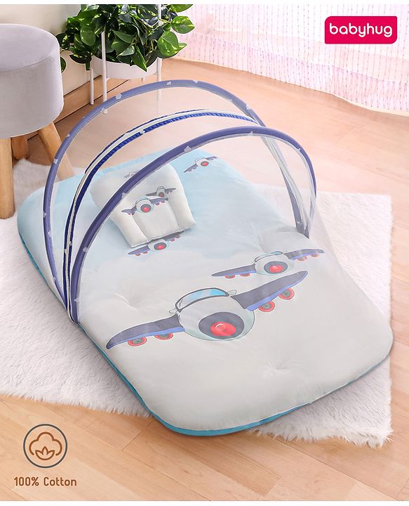Babyhug 100% Cotton Digital Print Mattress Set with Mosquito Net Aeroplane Theme - White