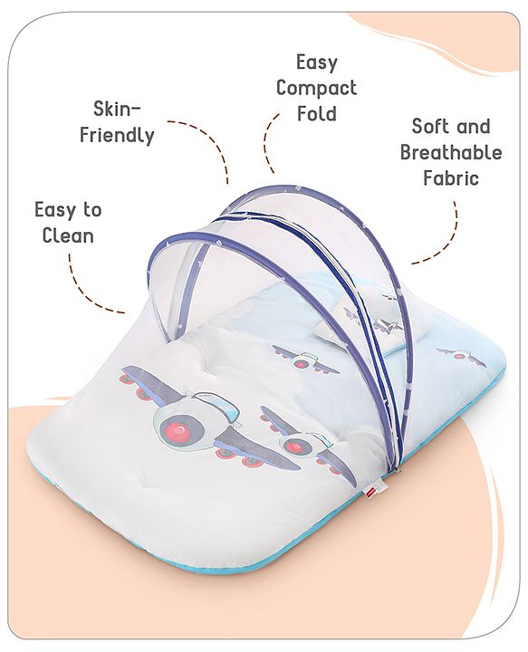 Babyhug 100% Cotton Digital Print Mattress Set with Mosquito Net Aeroplane Theme - White