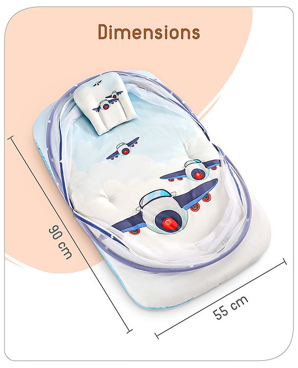 Babyhug 100% Cotton Digital Print Mattress Set with Mosquito Net Aeroplane Theme - White