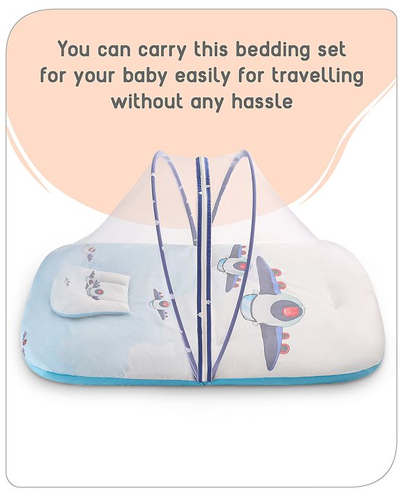 Babyhug 100% Cotton Digital Print Mattress Set with Mosquito Net Aeroplane Theme - White