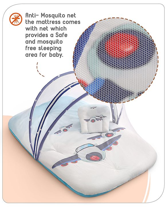 Babyhug 100% Cotton Digital Print Mattress Set with Mosquito Net Aeroplane Theme - White