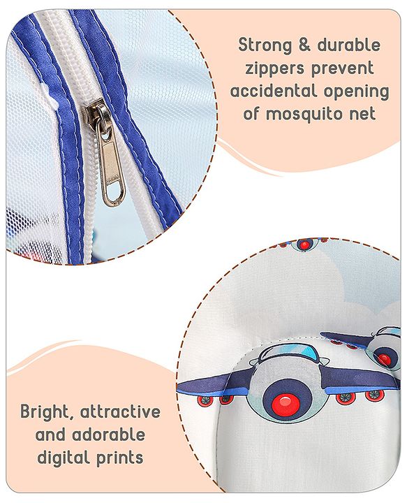 Babyhug 100% Cotton Digital Print Mattress Set with Mosquito Net Aeroplane Theme - White