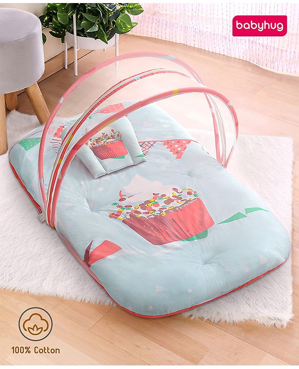 Babyhug 100% Cotton Digital Print Mattress Set with Mosquito Net Aeroplane Theme - White