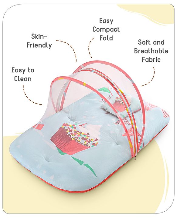 Babyhug 100% Cotton Digital Print Mattress Set with Mosquito Net Aeroplane Theme - White