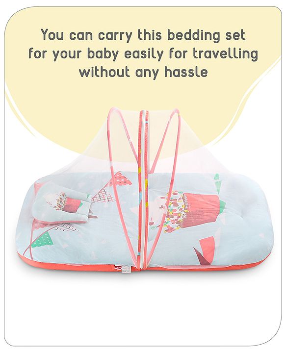 Babyhug 100% Cotton Digital Print Mattress Set with Mosquito Net Aeroplane Theme - White
