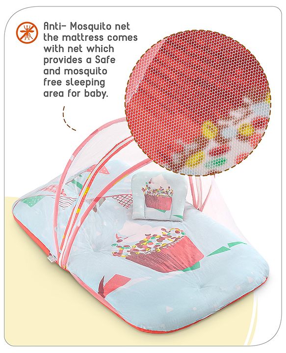 Babyhug 100% Cotton Digital Print Mattress Set with Mosquito Net Aeroplane Theme - White