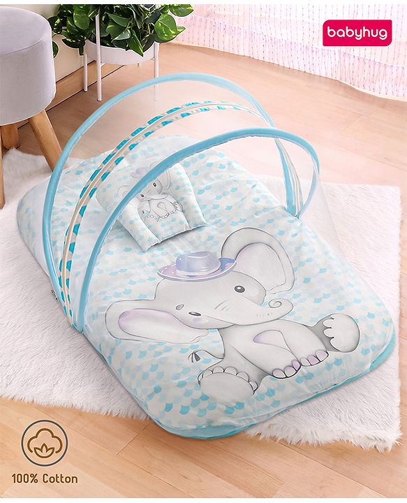 Babyhug 100% Cotton Digital Print Mattress Set with Mosquito Net Aeroplane Theme - White