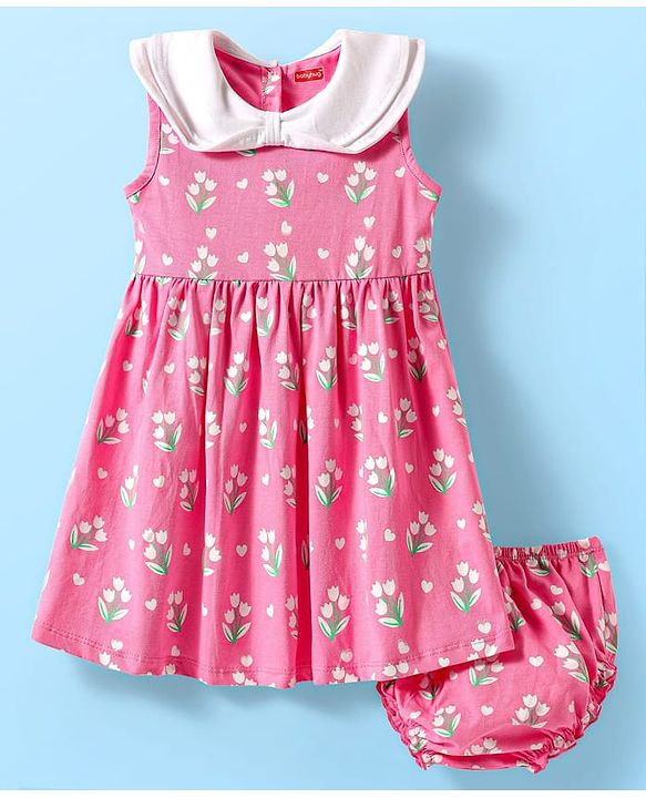 Babyhug Cotton Woven Sleeveless Frock & Bloomer with Floral Print - Pink