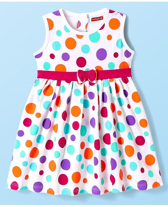 Babyhug Cotton Woven Sleeveless Frock with Polka Dots Print & Bow Applique - White