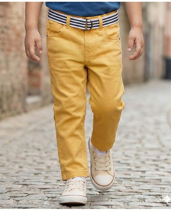 Babyhug Denim Full Length Washed Jeans With Stretch & Belt - Yellow