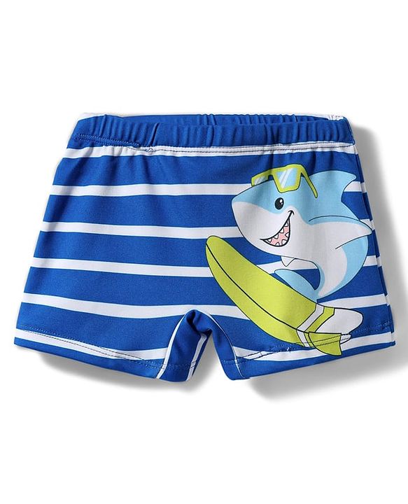 Babyhug Cotton Water Repellant Swimming Trunk With Stripes & Shark Print - Blue