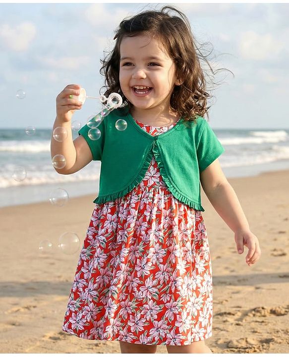 Babyhug Cotton Woven Floral Printed Frock with Half Sleeves Shrug - Red & Green