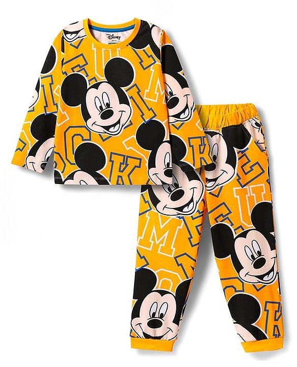 Pine Kids Disney Single Jersey Knit Full Sleeves Night Suit With Mickey Mouse Print - Yellow