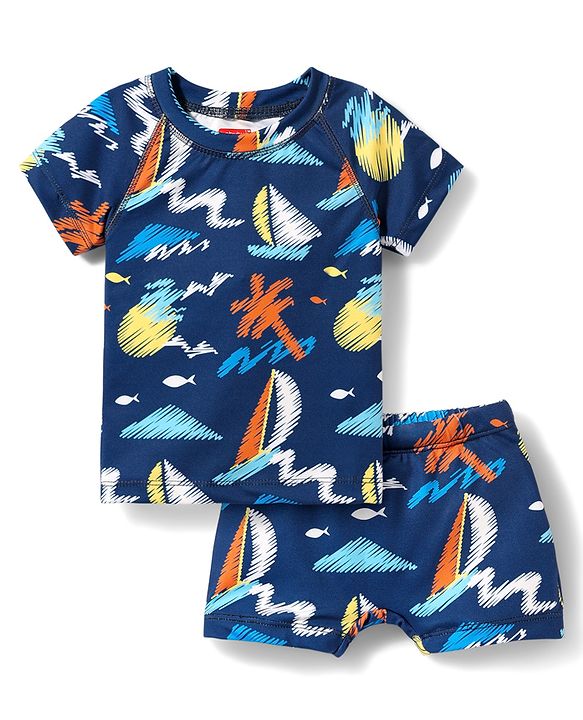 Babyhug Cotton Water Repellant Half Sleeves Two Piece Swimming Suit - Navy Blue