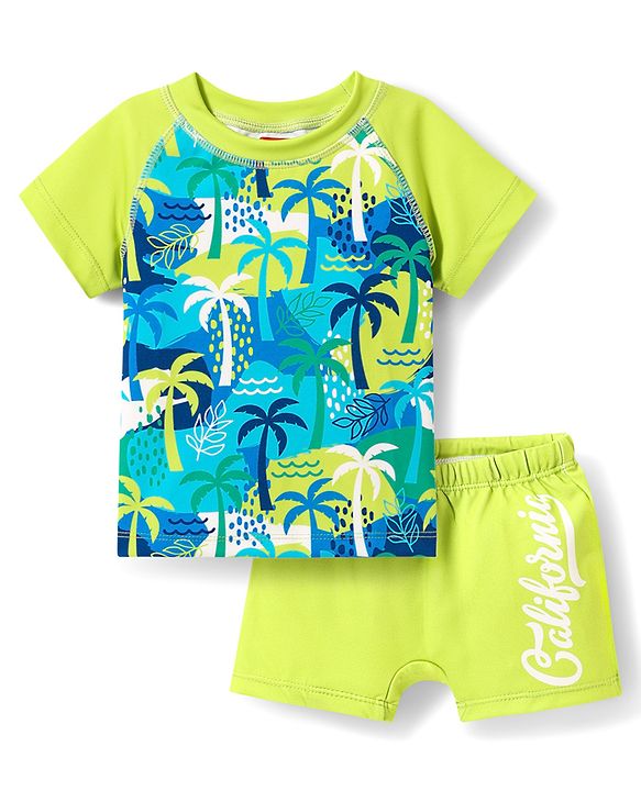 Babyhug Cotton Water Repellant Two Piece Swimming Suit With Tropical Theme - Green
