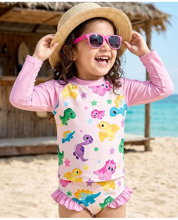 Babyhug Cotton Water Repellant Full Sleeves Two Piece Swimsuit With Dino Print - Pink