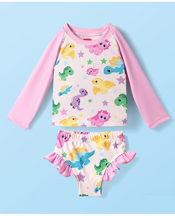 Babyhug Cotton Water Repellant Full Sleeves Two Piece Swimsuit With Dino Print - Pink