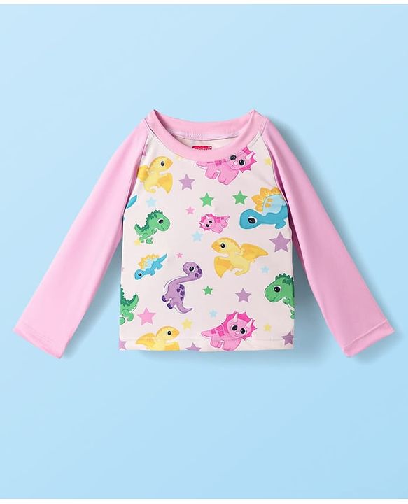 Babyhug Cotton Water Repellant Full Sleeves Two Piece Swimsuit With Dino Print - Pink