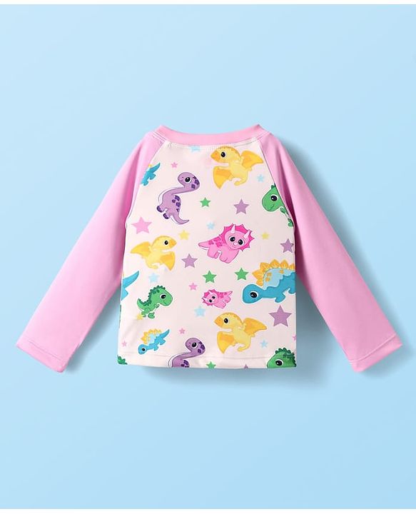Babyhug Cotton Water Repellant Full Sleeves Two Piece Swimsuit With Dino Print - Pink