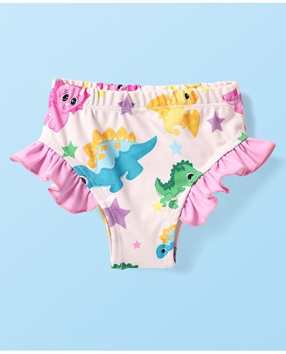 Babyhug Cotton Water Repellant Full Sleeves Two Piece Swimsuit With Dino Print - Pink