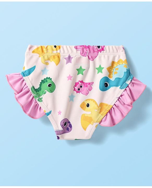 Babyhug Cotton Water Repellant Full Sleeves Two Piece Swimsuit With Dino Print - Pink