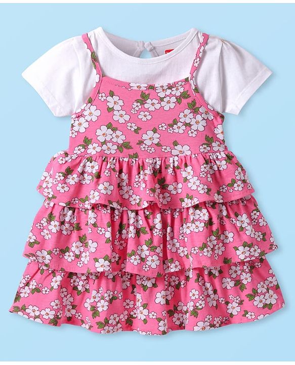 Babyhug Cotton Knit Frock & Half Sleeves Inner Tee With Floral Print - Pink & White