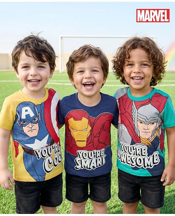 Babyhug Marvel Single Jersey Knit Half Sleeves T-Shirt With Avengers Graphic Pack Of 3 - Navy Blue Yellow & Green