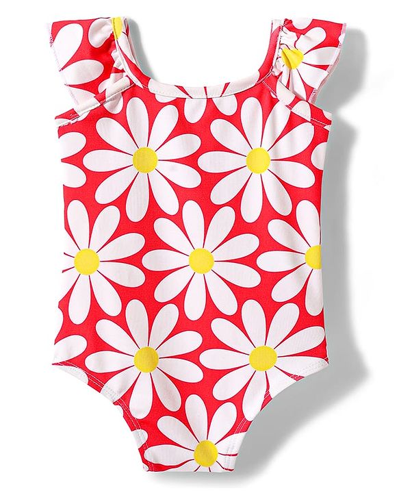Babyhug Cotton Water Repellant Sleeveless V Cut Swim Suit With Floral Print - Red