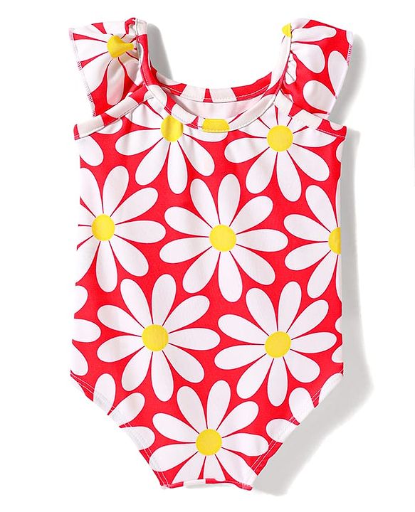 Babyhug Cotton Water Repellant Sleeveless V Cut Swim Suit With Floral Print - Red
