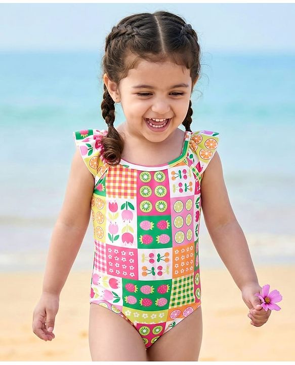 Babyhug Cotton Sleeveless Water Repellent Tropical Print V Cut Swimsuit - Pink