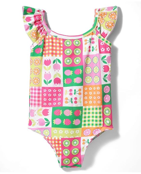Babyhug Cotton Sleeveless Water Repellent Tropical Print V Cut Swimsuit - Pink
