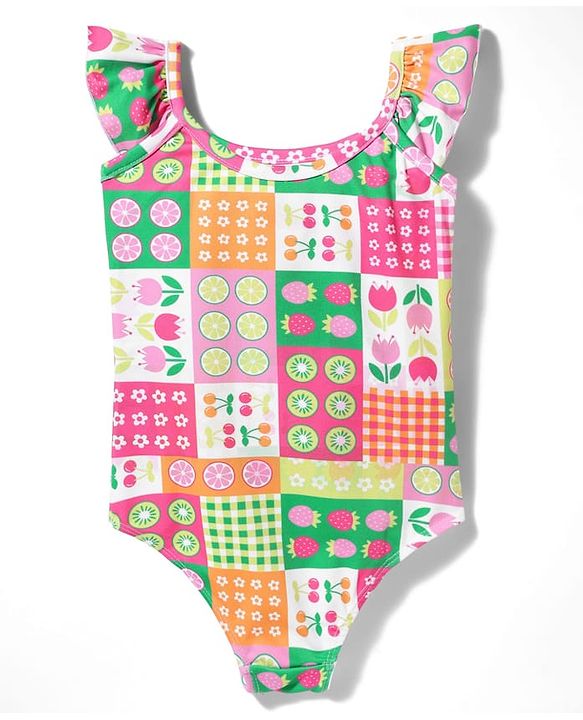 Babyhug Cotton Sleeveless Water Repellent Tropical Print V Cut Swimsuit - Pink