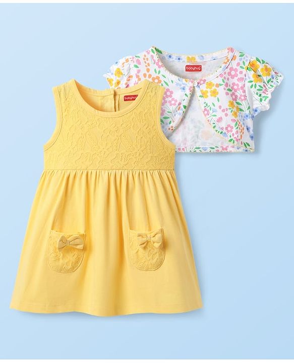 Babyhug Cotton Knit Frock & Half Sleeves Shrug With Floral Print & Bow Applique - Yellow