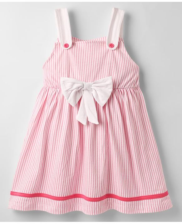Babyhug Cotton Knit Sleeveless Striped Frock with Bow Applique - Pink