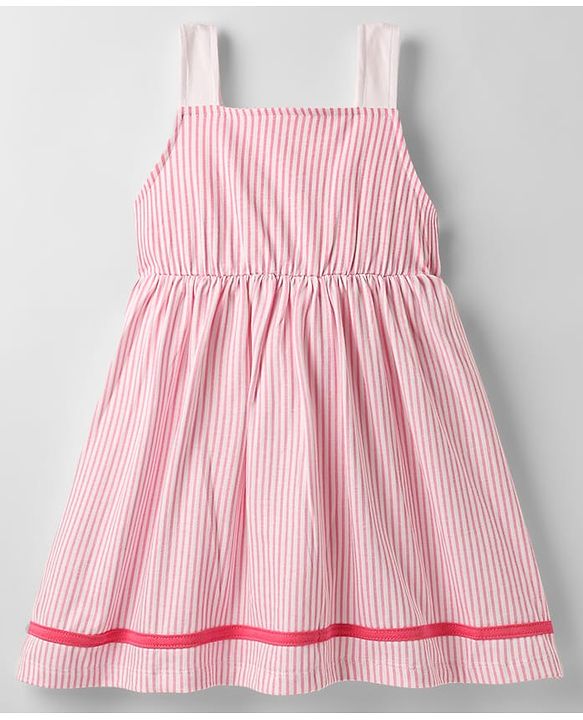 Babyhug Cotton Knit Sleeveless Striped Frock with Bow Applique - Pink