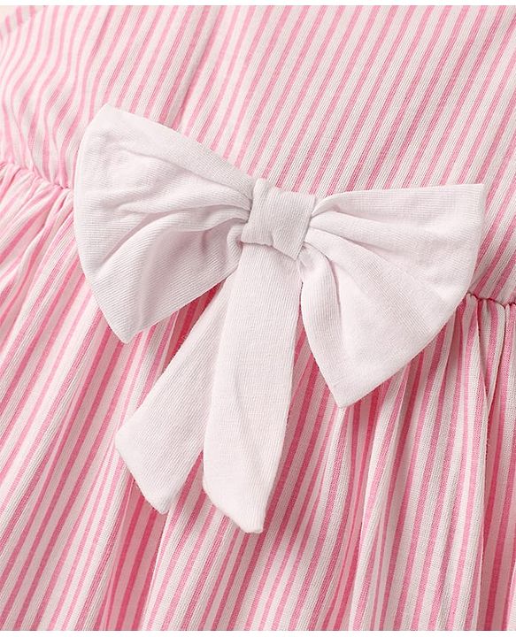 Babyhug Cotton Knit Sleeveless Striped Frock with Bow Applique - Pink