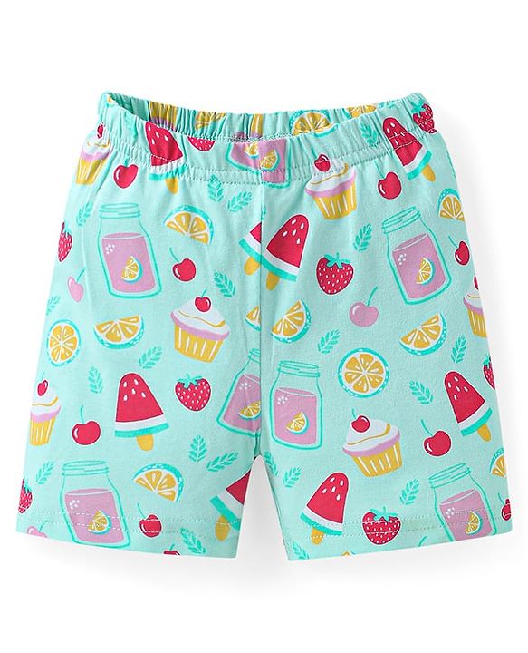 Babyhug Cotton Knit Half Sleeves Peter Pan Collared Shorts Co-ords Night Suit with Fruits Print - Aqua Blue