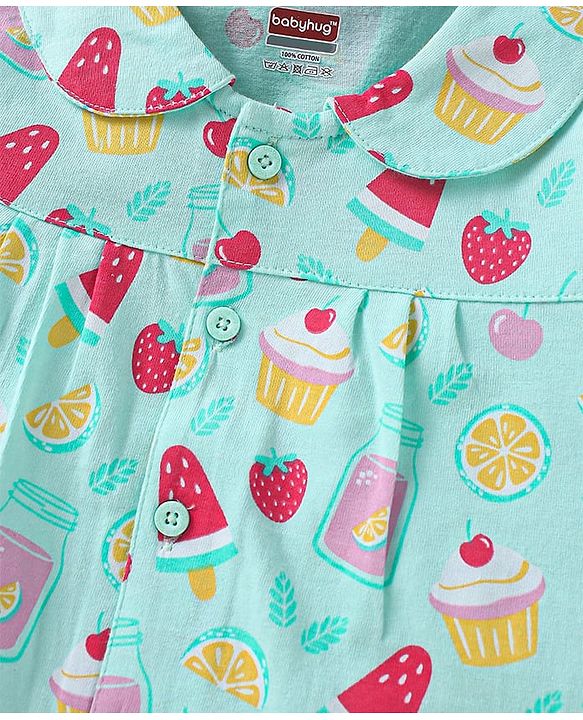 Babyhug Cotton Knit Half Sleeves Peter Pan Collared Shorts Co-ords Night Suit with Fruits Print - Aqua Blue