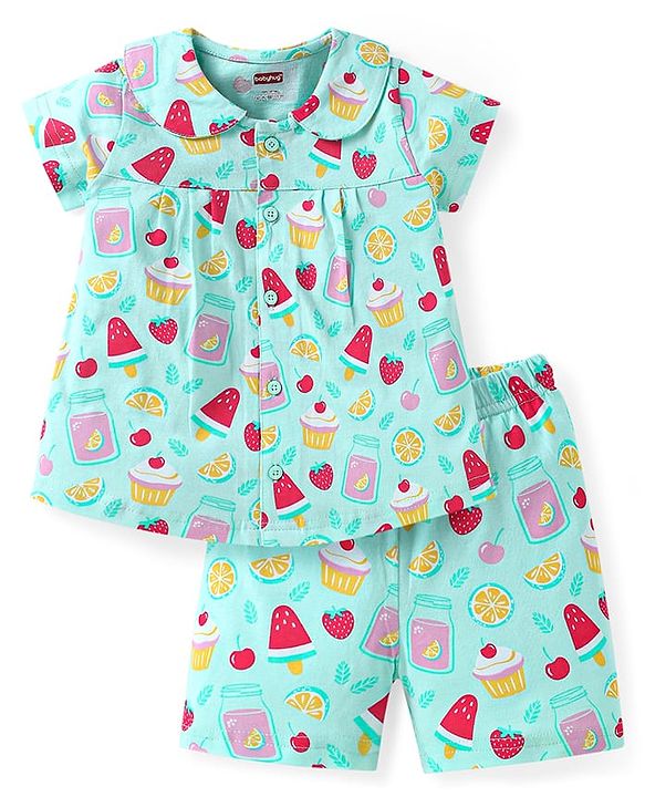 Babyhug Cotton Knit Half Sleeves Peter Pan Collared Shorts Co-ords Night Suit with Fruits Print - Aqua Blue