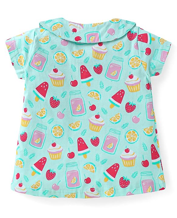 Babyhug Cotton Knit Half Sleeves Peter Pan Collared Shorts Co-ords Night Suit with Fruits Print - Aqua Blue