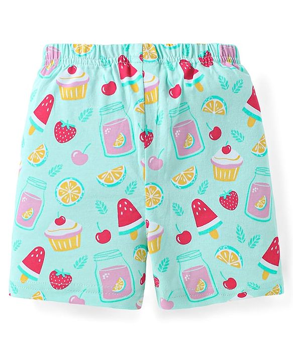 Babyhug Cotton Knit Half Sleeves Peter Pan Collared Shorts Co-ords Night Suit with Fruits Print - Aqua Blue
