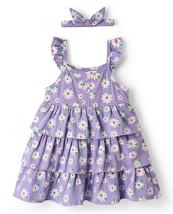Babyhug Cotton Knit Sleeveless Frock With Floral Print & Headband - Lilac