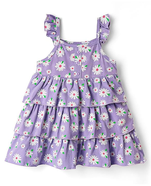 Babyhug Cotton Knit Sleeveless Frock With Floral Print & Headband - Lilac