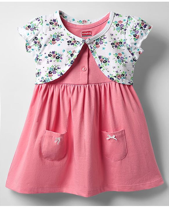 Babyhuhg Cotton Knit Half Sleeves Frock & Shrug with Floral Print - Pink & White