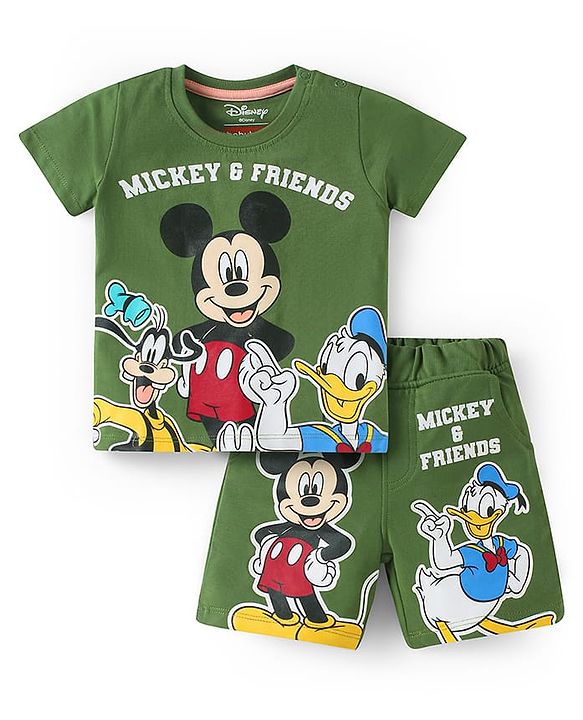 Babyhug Disney Single Jersey Knit Half Sleeves T-Shirt & Shorts Set With Mickey & Friends Graphics - Green