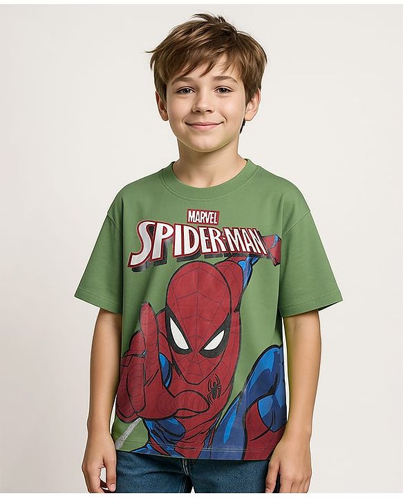 Pine Kids Marvel Single Jersey Knit Half Sleeve Drop Shoulder T-Shirt With Spider-man Graphic - Olive Green